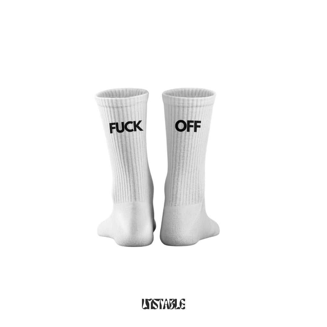White socks with 'FUCK OFF' text on a white background