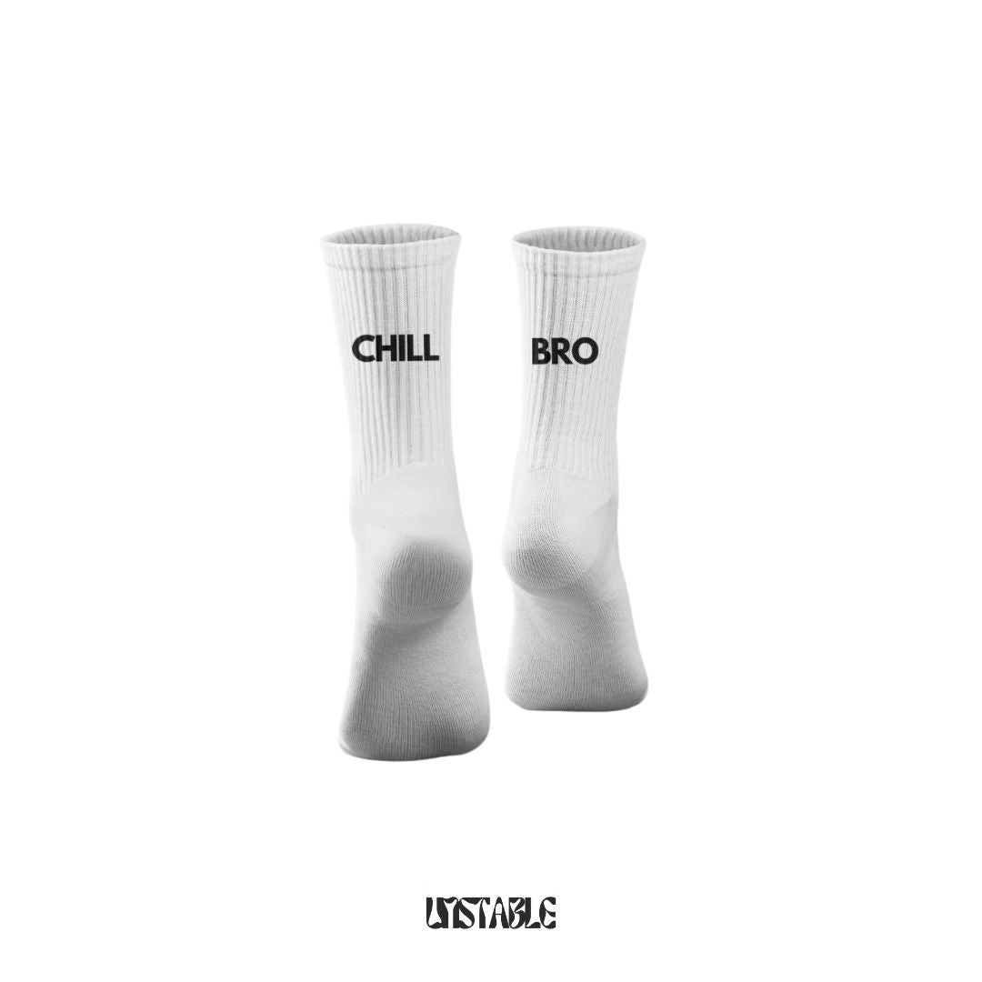 White socks with 'CHILL' and 'BRO' text on a white background
