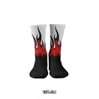 Black and white socks with red flame fire design on a white background