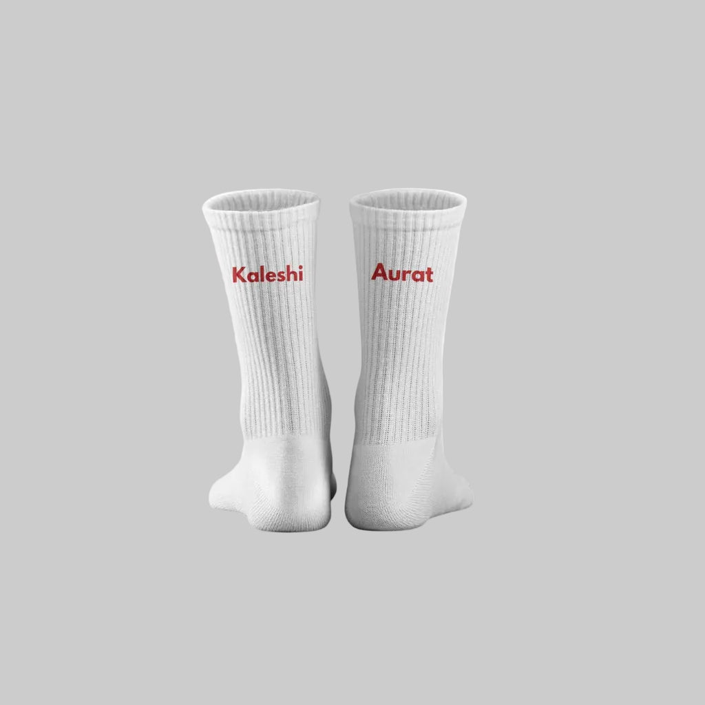 White socks with red text on a white background