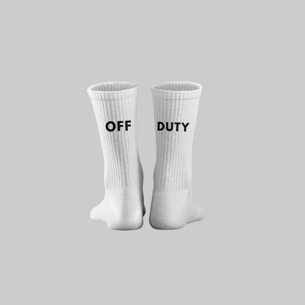 White socks with 'OFF DUTY' text on a white background