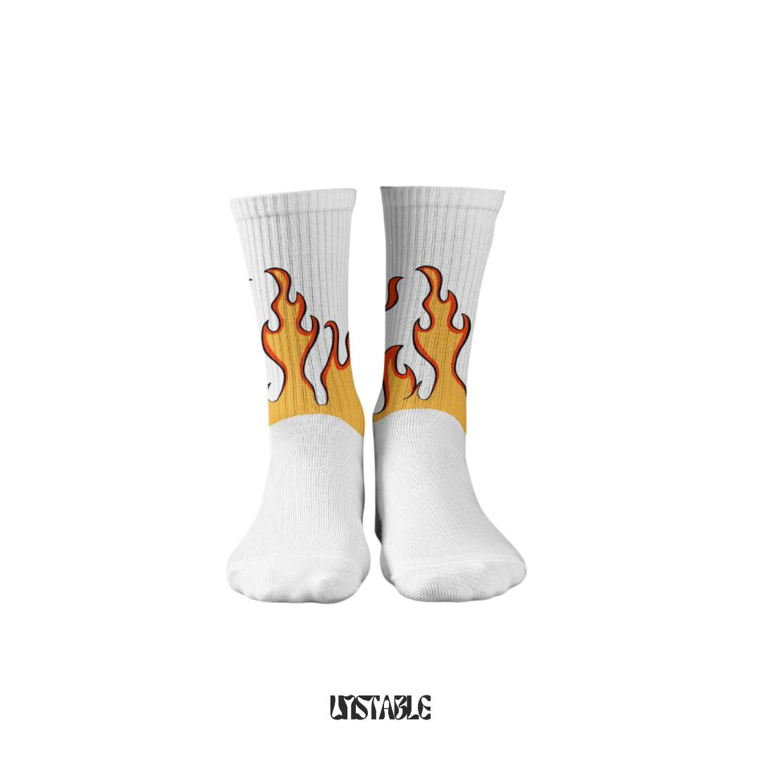 White socks with flame fire design on a white background